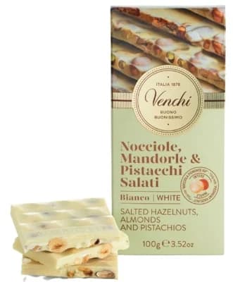 Venchi Bílá čokoláda se slanými mandlemi, pistáciemi a lískovými oříšky