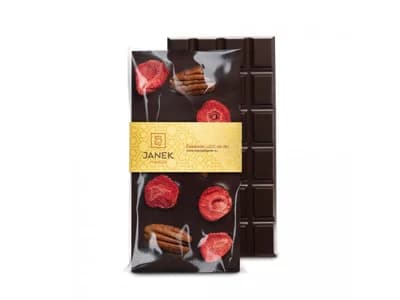 JANEK Hořká čokoláda s pekanovými ořechy a lyofilizovanými jahodami