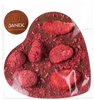 Čokoládovna Janek Velké srdíčko z mléčné čokolády s lyofilizovanými jahodami a malinami
