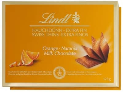 Lindt Thins Orange Mléčná čokoláda s příchutí pomeranče