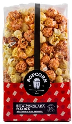 Bopcorn Gourmet popcorn Bílá čokoláda s malinou