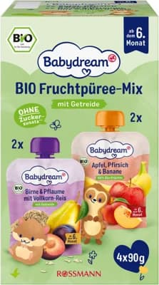 Babydream BIO Ovocné příkrmy jablko, broskev, banán + hruška, švestka, rýže (4×90 g)