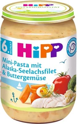 HiPP Těstoviny s aljašskou treskou v máslové zelenině