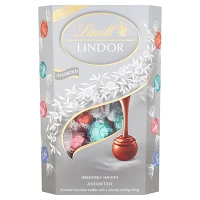 LINDOR Silver Směs mléčné a bílé čokolády s jahodami a kokosem